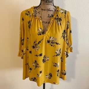 Mustard yellow navy blue floral top